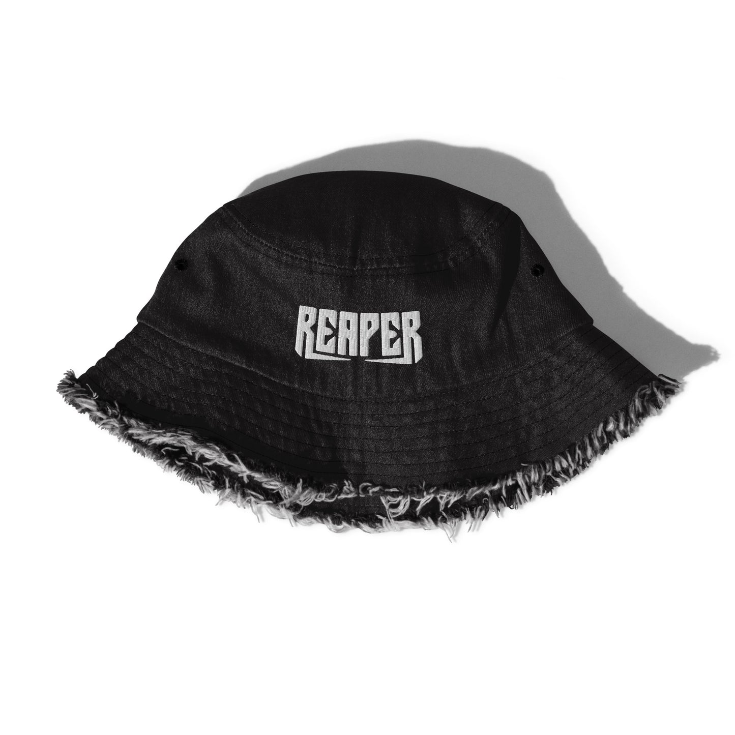 reaper embroidered distressed denim bucket hat