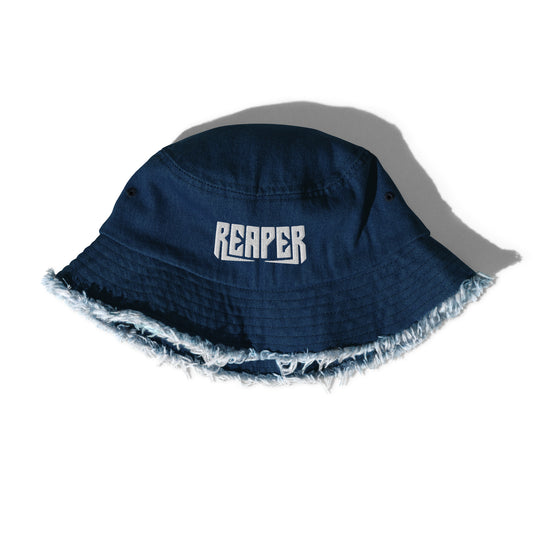 reaper embroidered distressed denim bucket hat