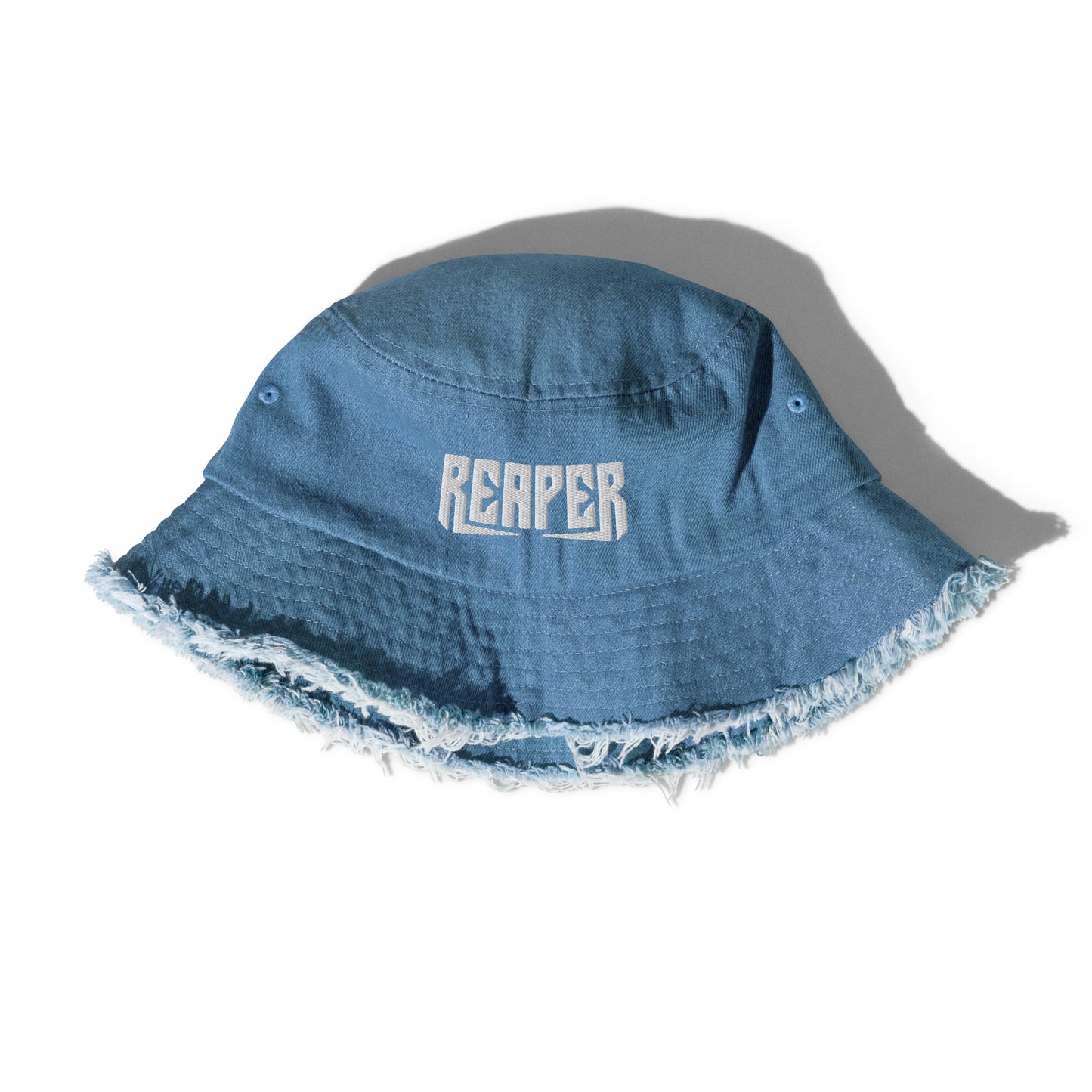 reaper embroidered distressed denim bucket hat